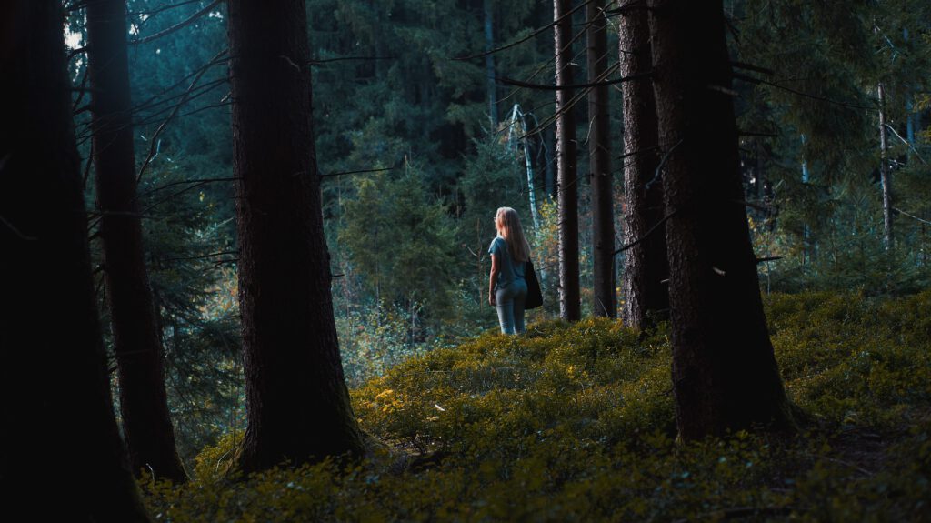 Bild, das eine Frau im Wald zeigt